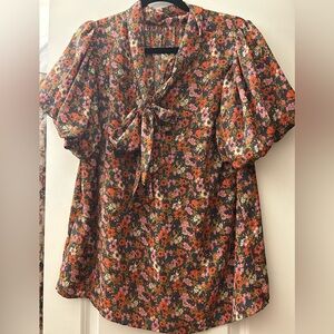 Floral Puff Sleeve Top with Tie